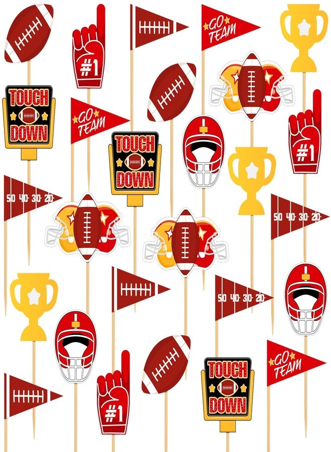 Moinchore 99 Pcs Football Cupcake Toppers Red Gold Football Party Decor Toothpicks Flags Rugby Ball Cake Decorations for Sport Themed Birthday Party Game Day Tailgate Supplies - Image 1
